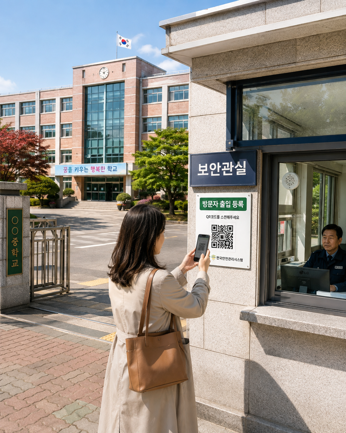 학교 보안관실 앞에서 학부모가 QR을 스캔하는 모습